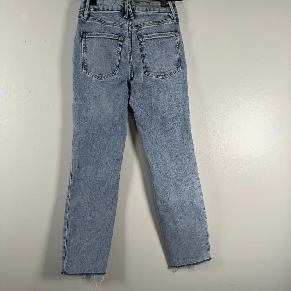 Good American Straight Leg Raw Hem Jeans Light Wash Indigo High Rise Womens Sz 0 - Picture 5 of 10